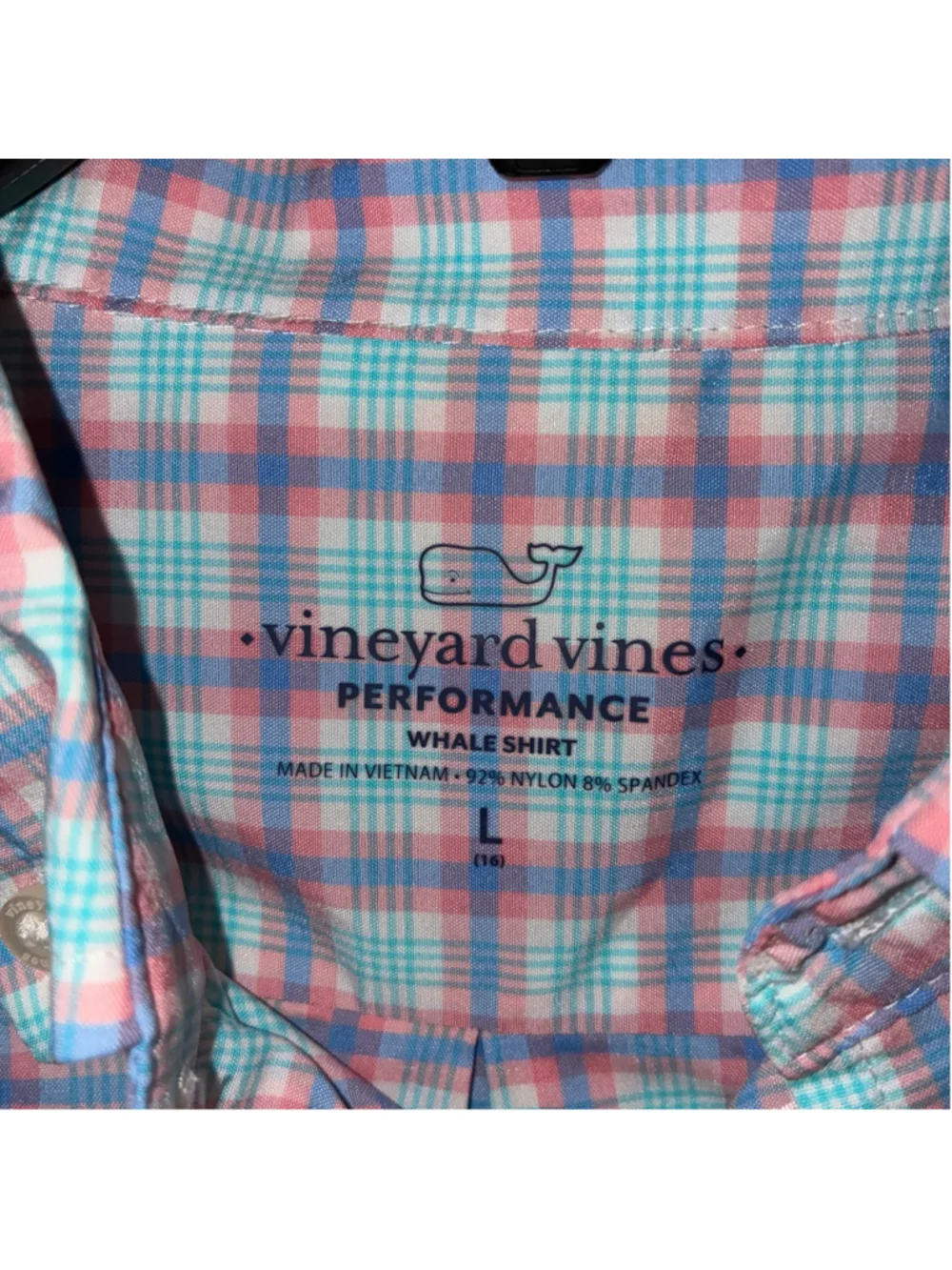 Boys Vineyard Vines Performance Button Down Shirt, Size L, Blue and Pink Plaid